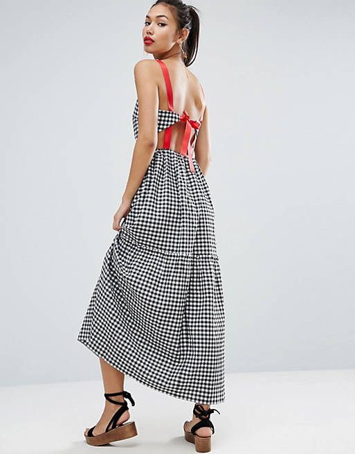 ASOS Tiered Gingham Maxi Dress with Contrast Tie Back