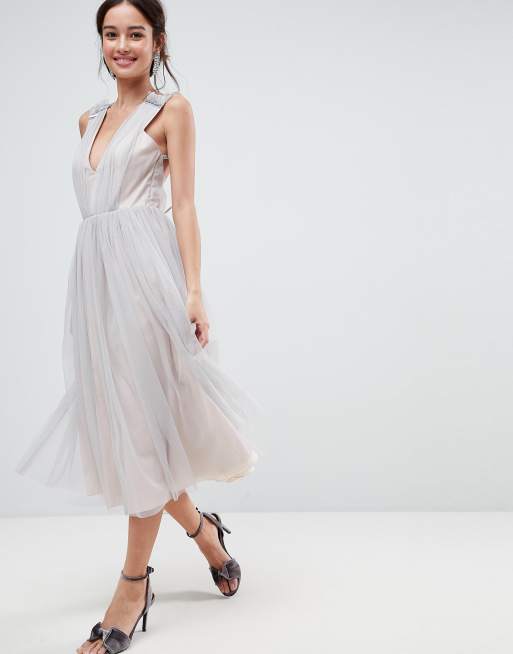 ASOS Tonal Tulle Midi Dress with Embellished Cami Straps