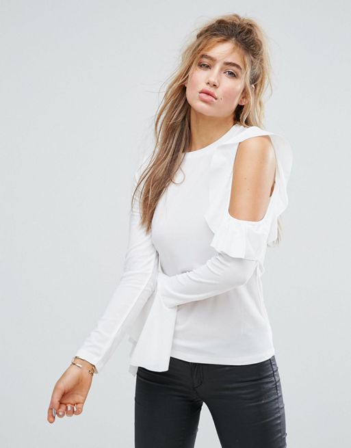 ASOS DESIGN | ASOS Top In Crepe With Pretty Ruffle Sleeves & Cold Shoulders