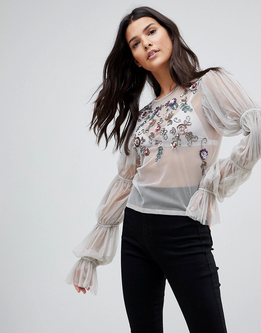 ASOS Top in Mesh with Embellishment and Sleeve Gather Detail-Silver
