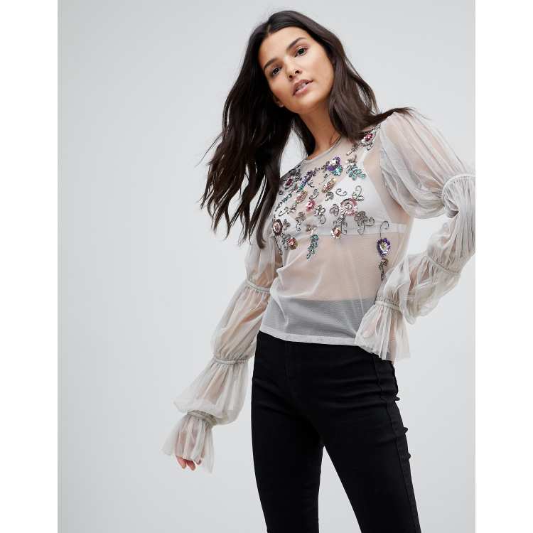 ASOS Top in Mesh with Embellishment and Sleeve Gather Detail