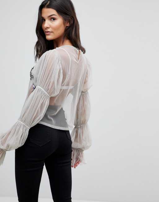 ASOS Top in Mesh with Embellishment and Sleeve Gather Detail