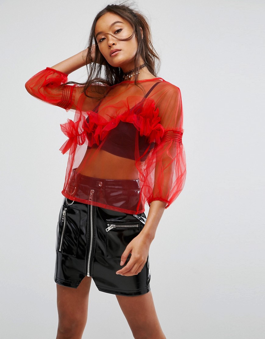 ASOS Top in Mesh with Ruffle Detail and Puff Sleeve-Red