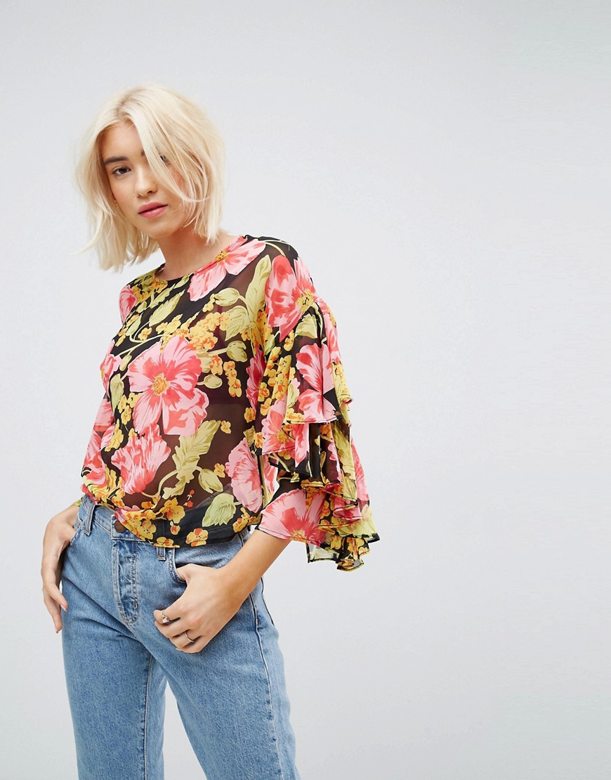 ASOS Top With Double Ruffle Sleeve In Floral-Multi