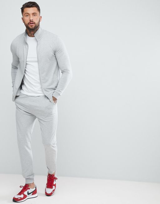 ASOS Tracksuit Muscle Track Jacket Skinny Joggers In Grey Marl ASOS