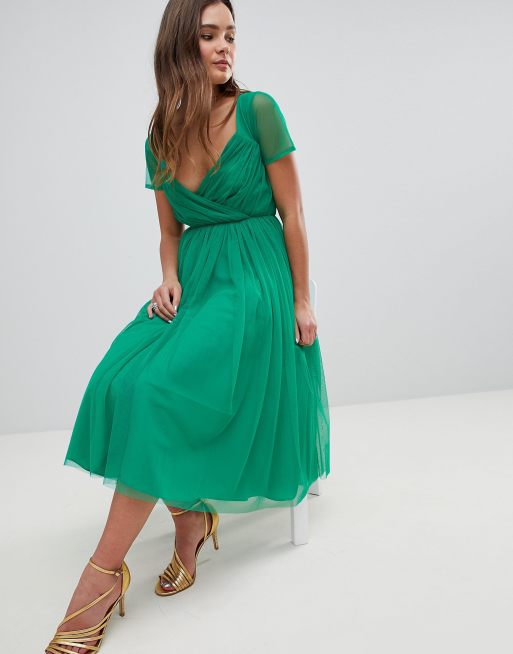 Midi dress with sheer hot sale sleeves