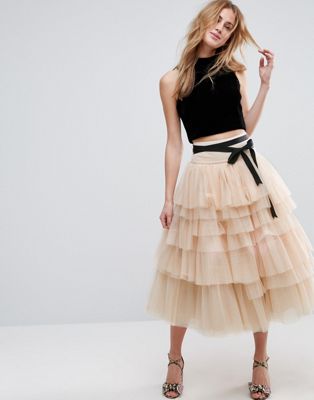 ASOS | ASOS Tulle Midi Prom Skirt with Tiers and Tie Waist