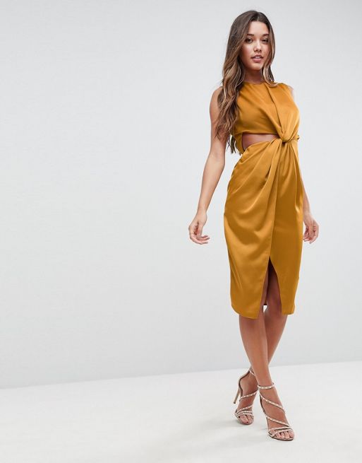 ASOS Twist Front Sexy Satin Pencil Dress with Cut Out | ASOS