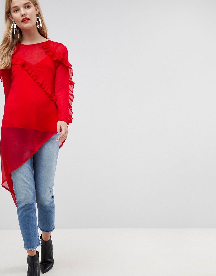 ASOS - Ultimate - Asymmetrische chiffon blouse met lange mouwen en ruche-Rood
