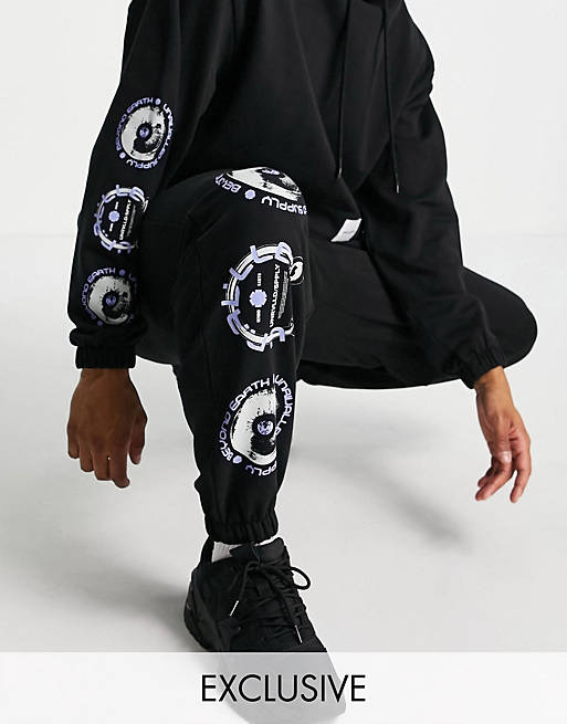  Spply co-ord oversized joggers with woven tab and graphic print in black 