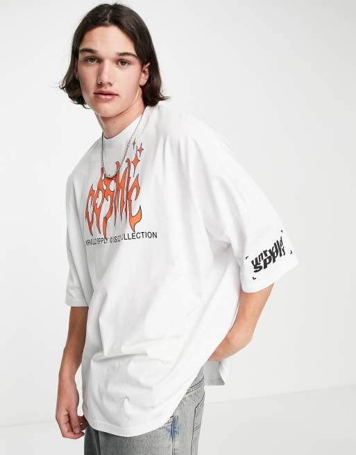 ASOS Unrvlld Spply extreme oversized t-shirt with logo neck print in white 