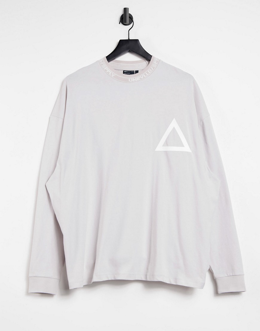 ASOS Unrvlld Spply – Grå t-shirt i oversize med långa ärmar och ribbad hals med logga-Svart