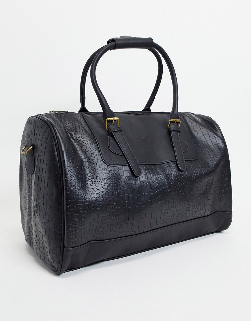 ASOS Unrvlld Spply - Holdall-taske i imiteret sort læder med krokodillelook og præget branding