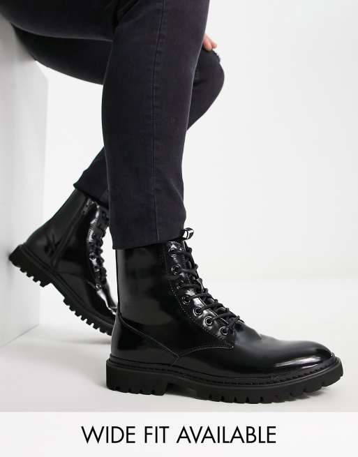 ASOS Unrvlld Spply lace up boots in black patent faux leather with tape ...