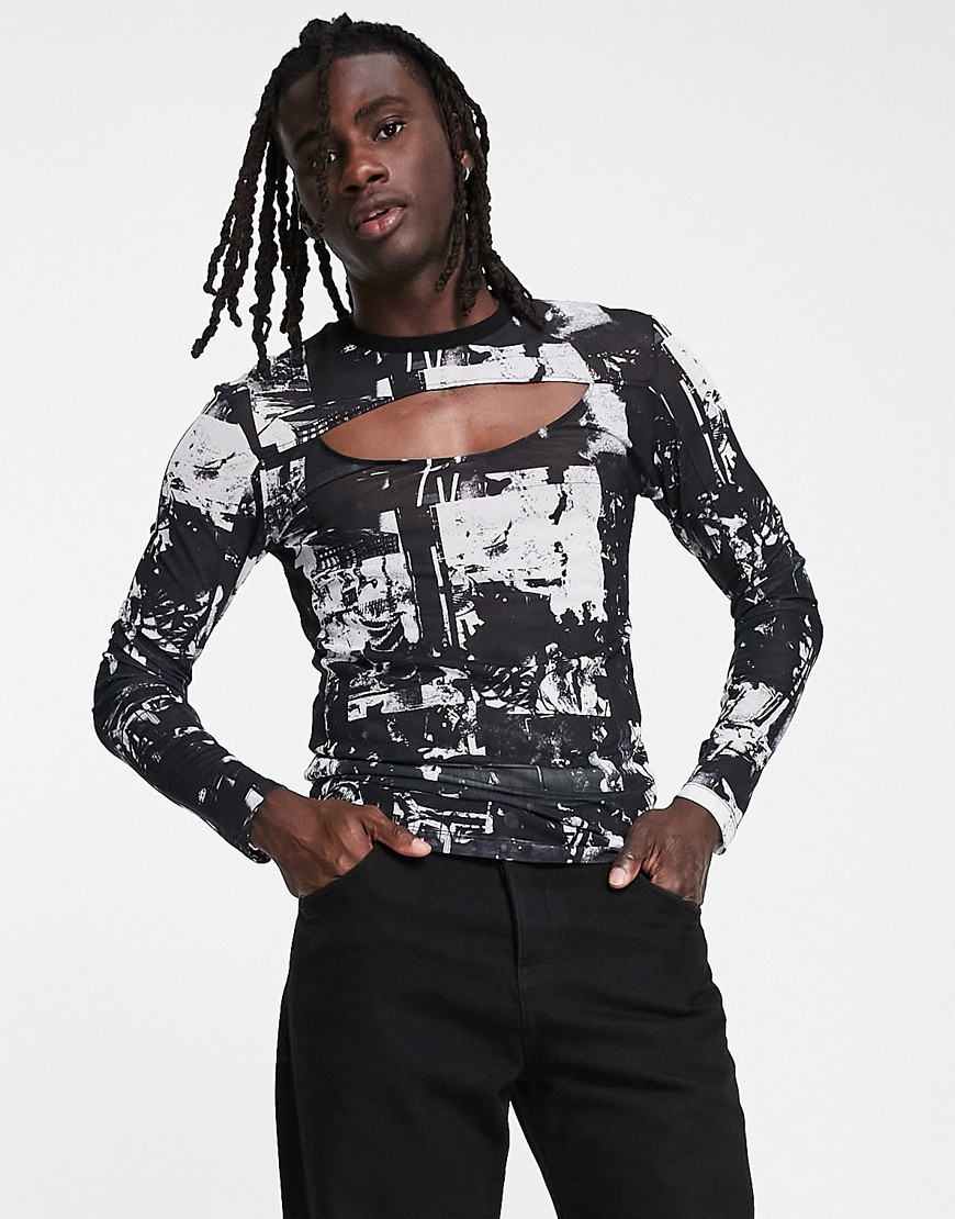ASOS Unrvlld Spply muscle fit long sleeve t-shirt in all over print power mesh in black and white
