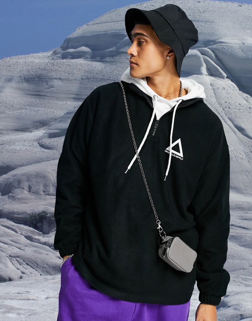 ASOS Unrvlld Spply oversized half zip sweatshirt in polar fleece with logo print-Black