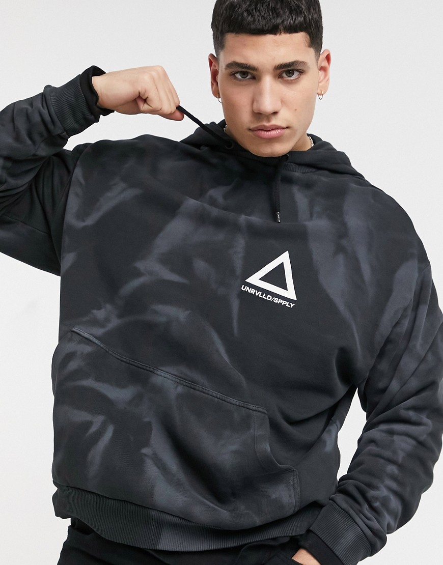 ASOS Unrvlld Spply oversized hoodie in washed black with multi-placement logo