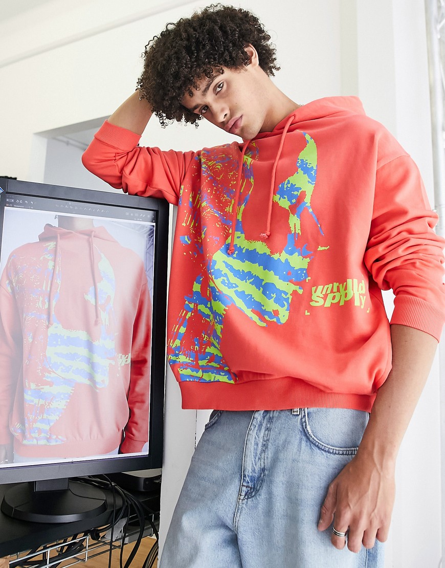 ASOS Unrvlld Spply oversized hoodie with large face graphic front print and logo in red