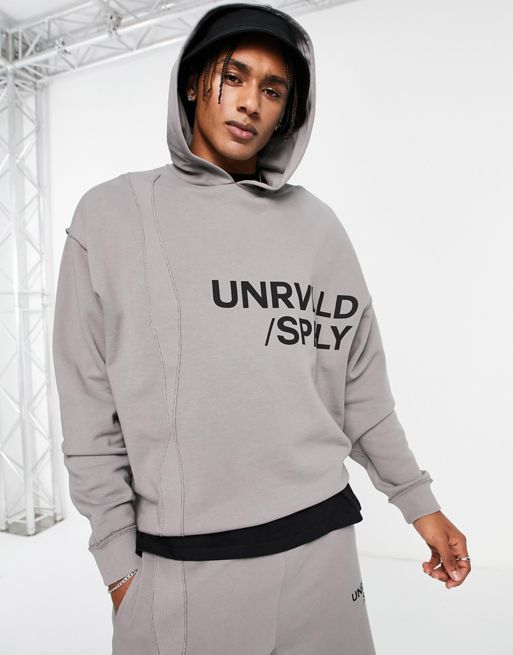 ASOS Unrvlld Spply oversized hoodie with logo print & exposed seam  detailing in gray