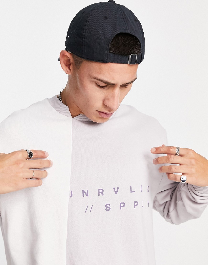 ASOS Unrvlld Spply oversized sweatshirt with cut and sew details and logo prints-Purple
