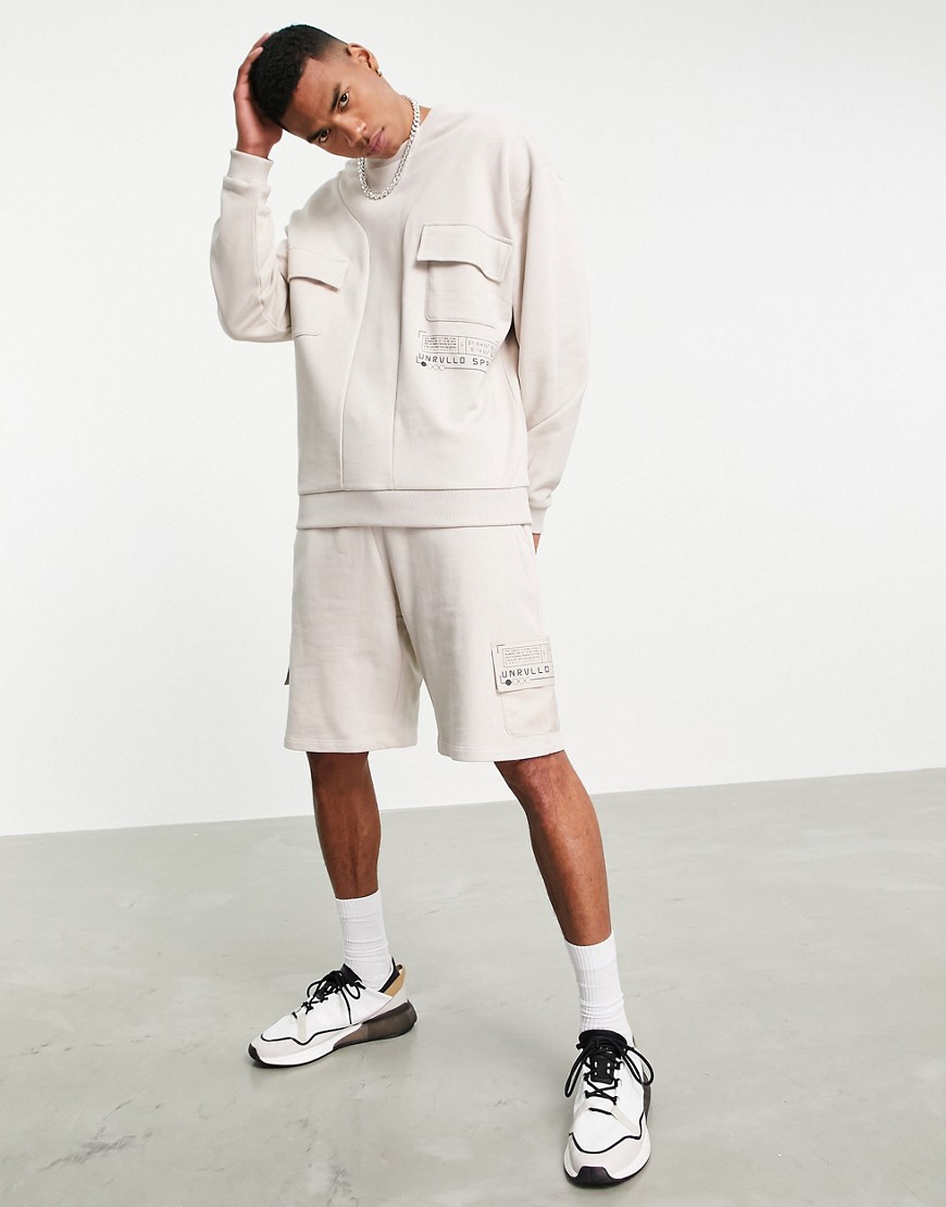 ASOS Unrvlld Spply oversized sweatshirt with cut & sew and utility detailing in beige - part of a set-Grey