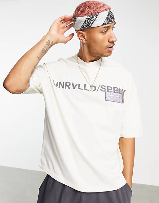 ASOS Unrvlld Spply oversized t-shirt in heavyweight jersey with logo chest print and layered patch in beige