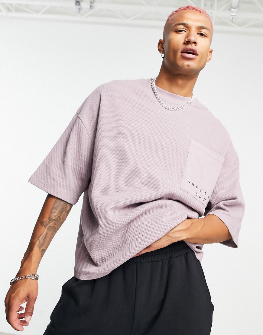 ASOS Unrvlld Spply oversized t-shirt in waffle with pocket and logo print-Purple