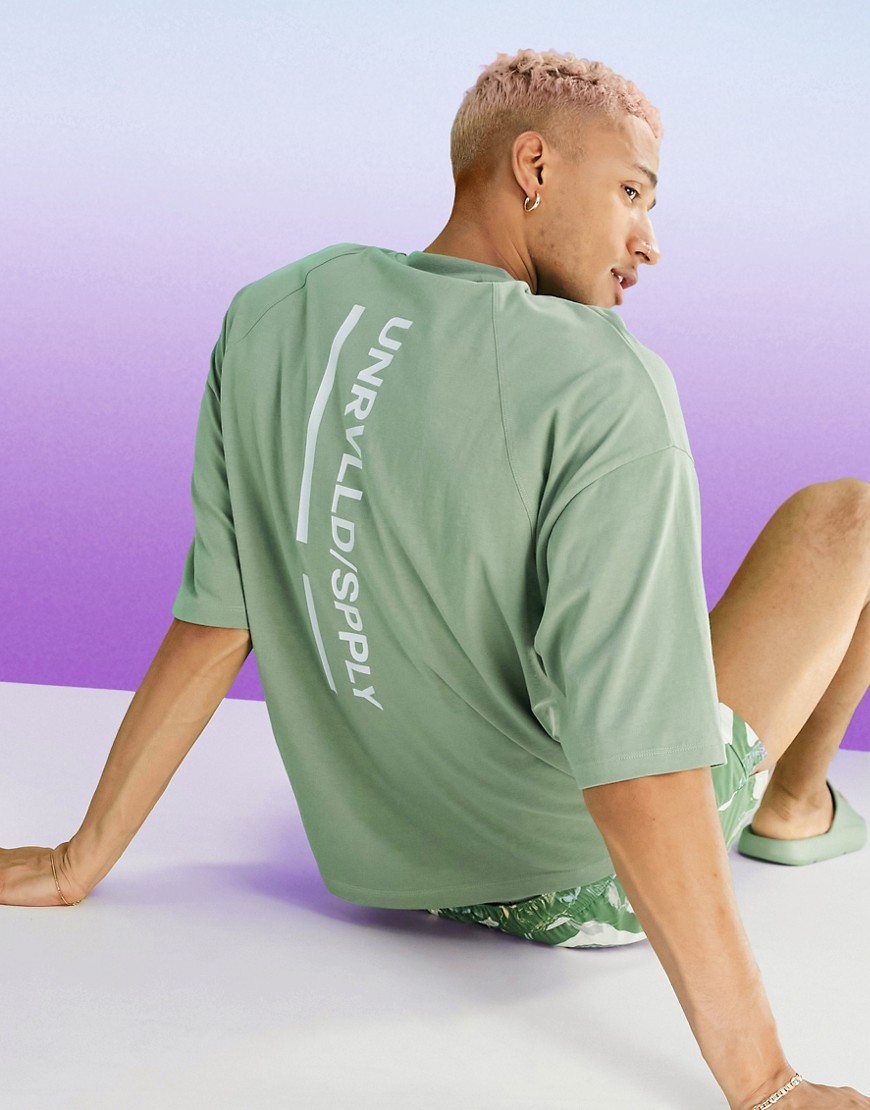 ASOS Unrvlld Spply oversized t-shirt with raglan sleeves and logo back print-Green