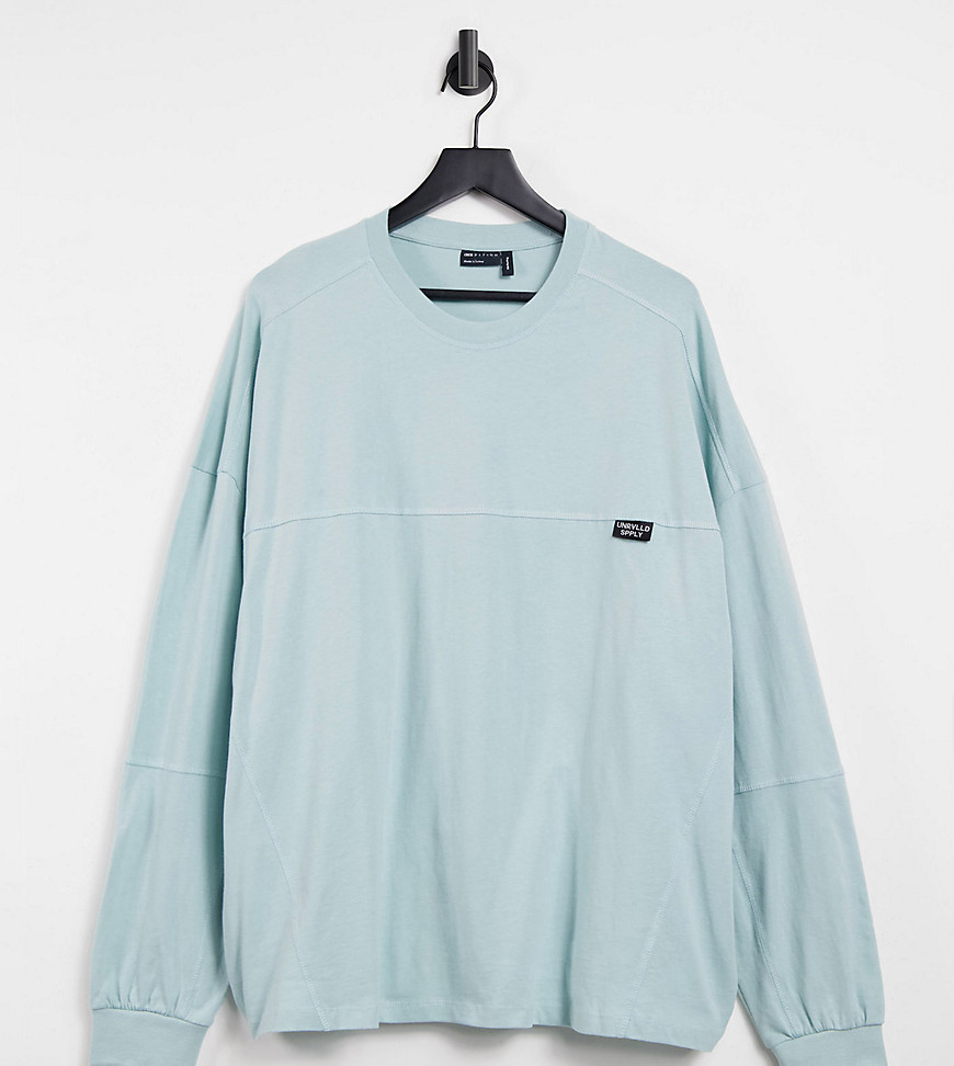 ASOS Unrvlld Spply - Plus - Oversized T-shirt met lange mouwen, siernaden en wassing in blauw-Groen