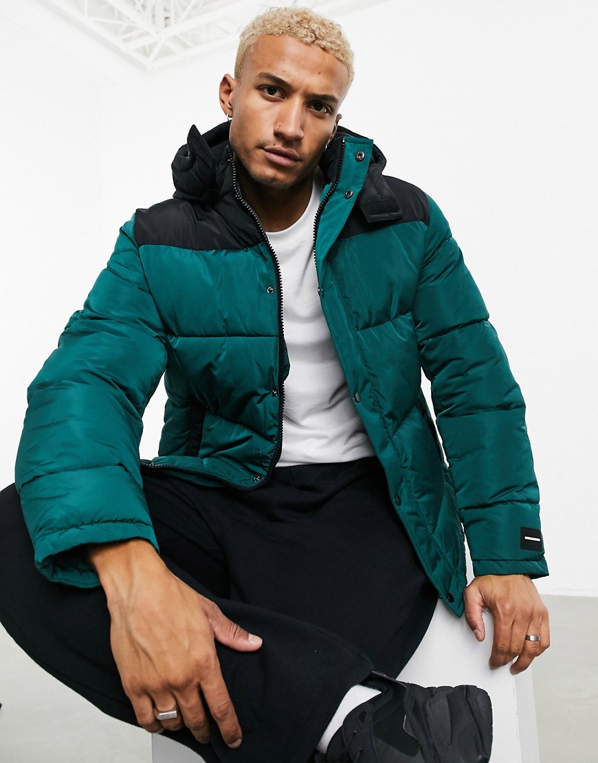 ASOS Unrvlld Spply puffer jacket with colorblock panel in green