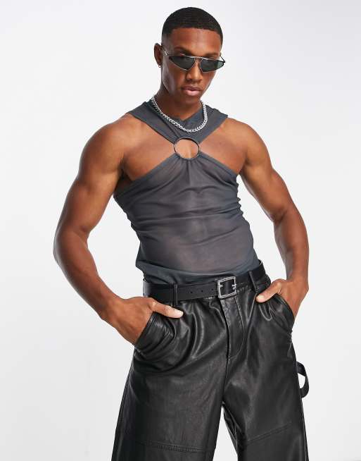 ASOS Unrvlld Spply skinny vest in power mesh with chest d-ring and logo print in grey
