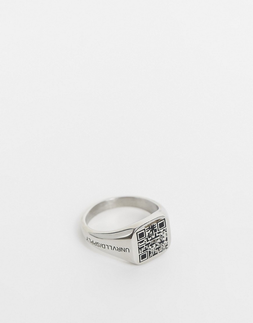 ASOS Unrvlld Spply stainless steel signet ring with faux QR code in silver tone