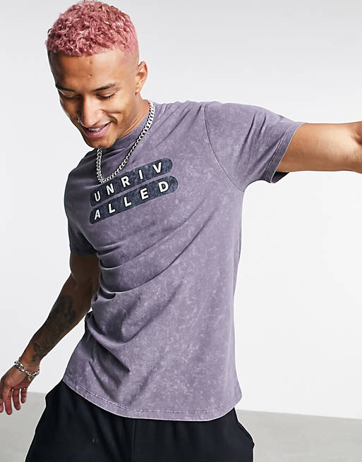 ASOS Unrvlld Spply standard t-shirt with chest logo print in charcoal stike wash