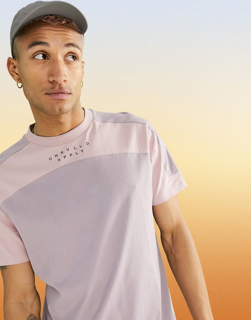 ASOS Unrvlld Spply standard t-shirt with cut & sew and logo print in purple-Pink