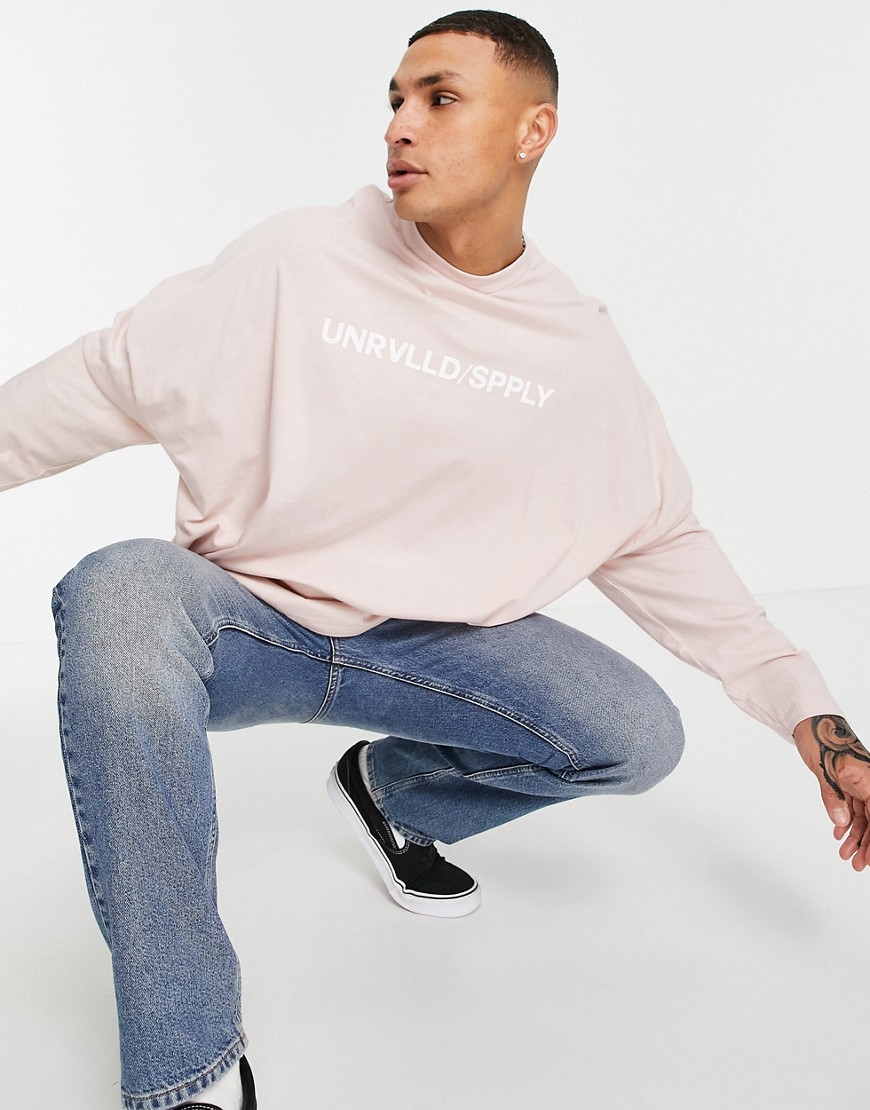 ASOS Unrvlld Spply super oversized long sleeve T-shirt with logo print in rose smoke-Pink