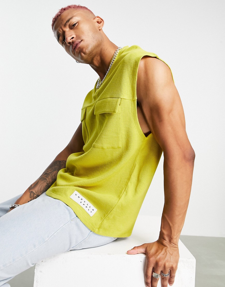 ASOS Unrvlld Spply tank in waffle with utility pockets & logo tab-Yellow
