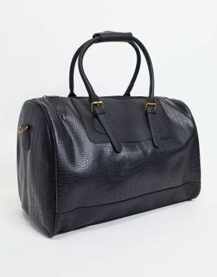 ASOS Unrvlld Supply holdall bag in black faux leather croc with branded emboss