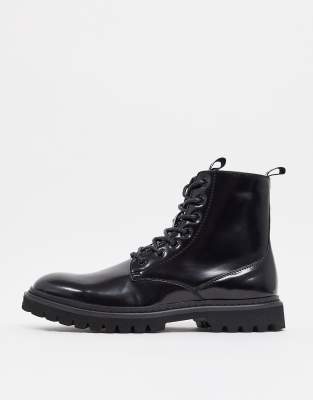 black lace up patent boots