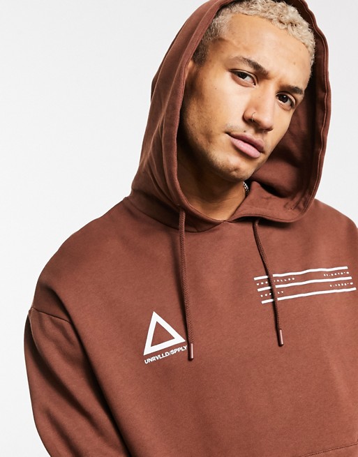 ASOS Unrvlld Spply oversized hoodie in brown with chest logos