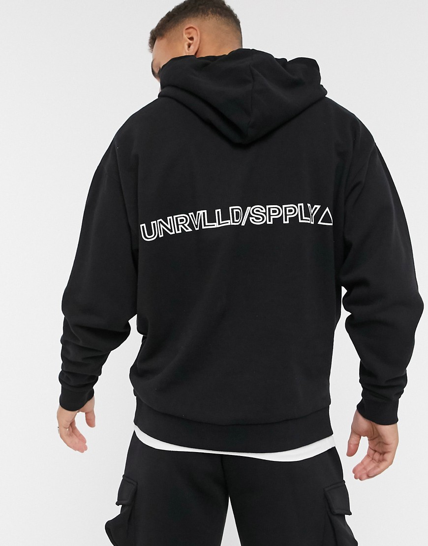 ASOS Unrvlld Supply oversized hoodie with back logo print-Black