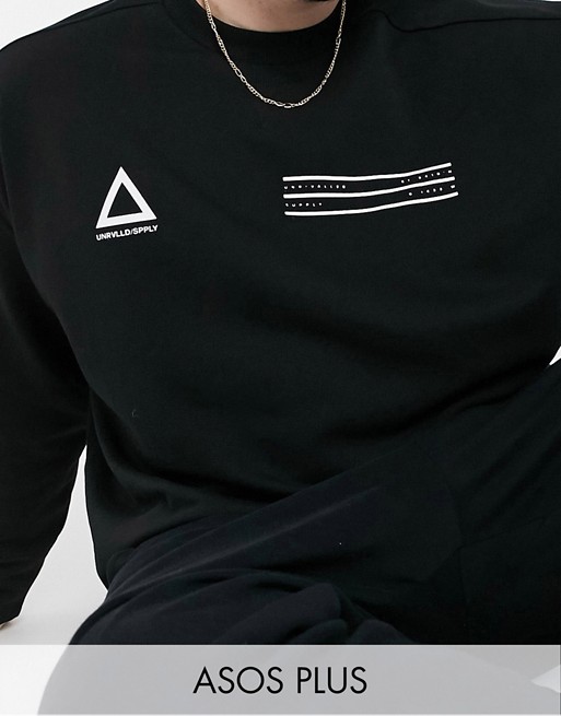 ASOS Unrvlld Spply Plus oversized sweatshirt in black with chest logos