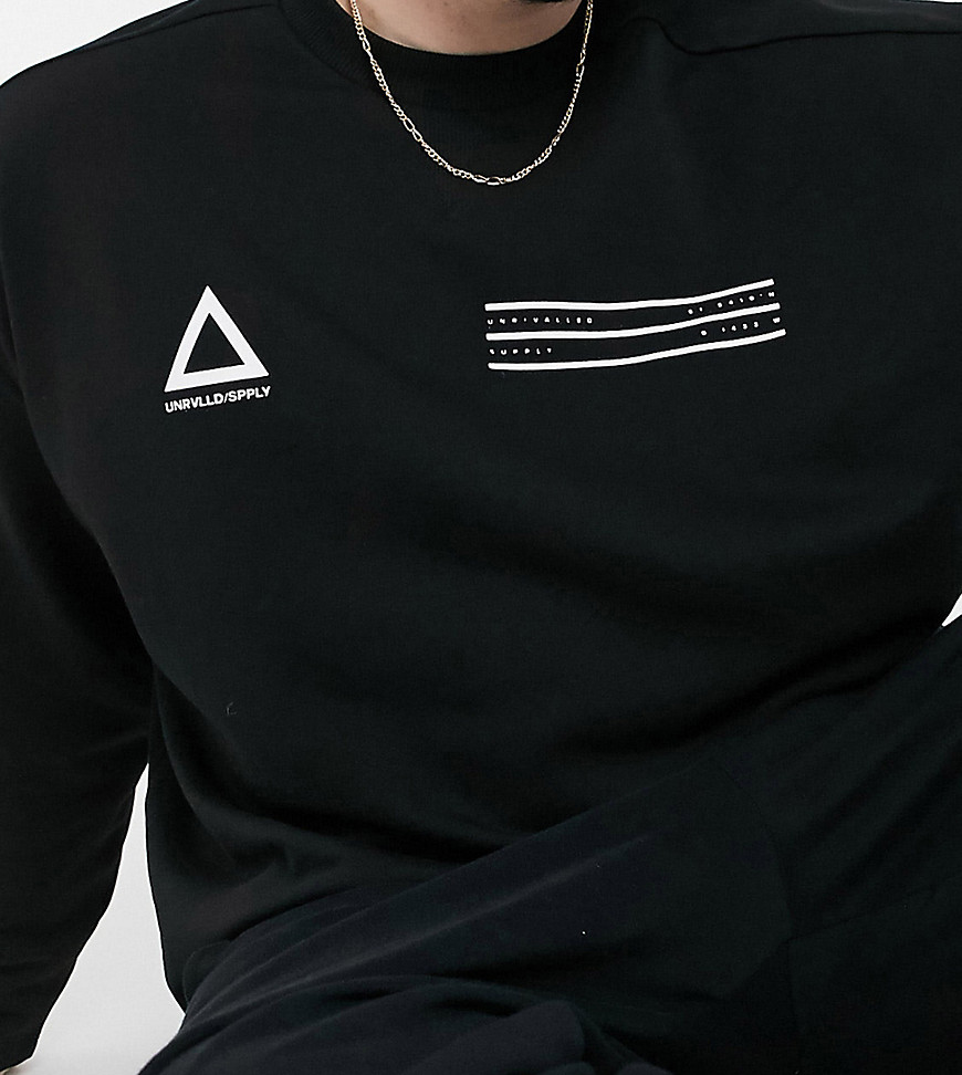 ASOS Unrvlld Supply Plus oversized sweatshirt in black with chest logos