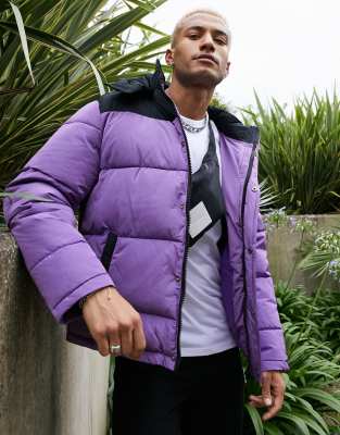 purple puffer jacket
