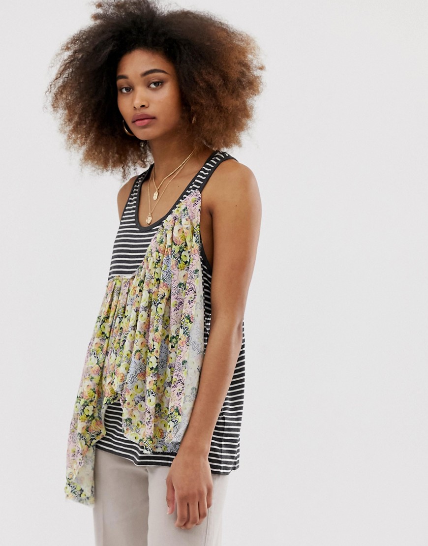 ASOS Vest With Drop Armhole In Washed Stripe With Ruffle Detail-Grey