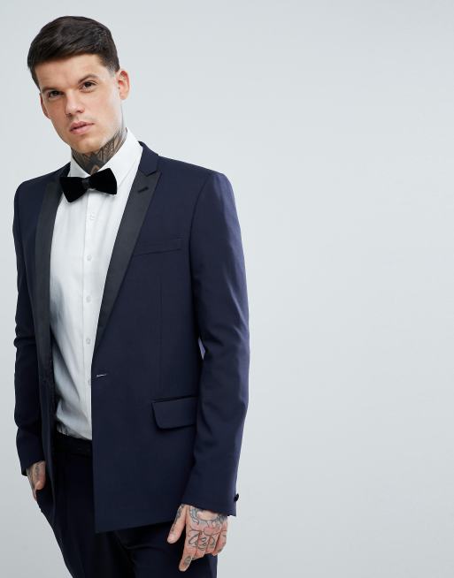 ASOS DESIGN - Smoking slim avec revers en satin noir - Bleu marine , 2 de 3