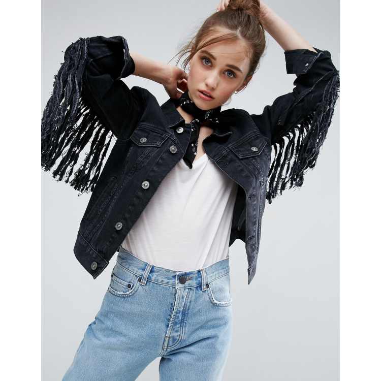 ASOS Veste en jean avec franges au dos Noir d lav ASOS