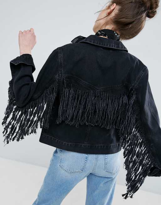 ASOS Veste en jean avec franges au dos Noir d lav