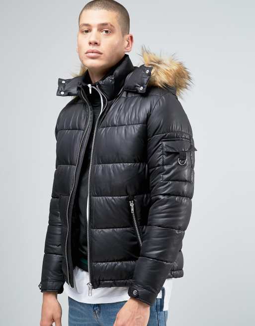 ASOS - Veste matelassée à capuche avec bordure en fourrure - Noir