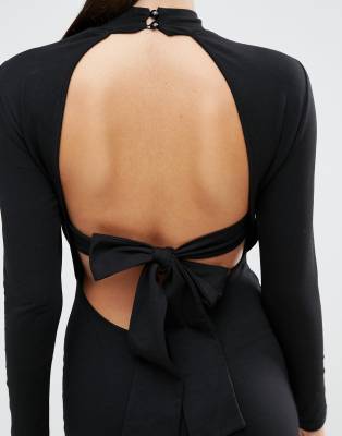 ASOS - Vestitino fasciante con collo alto e fiocco sul retro-Nero  donna Nero - immagine3