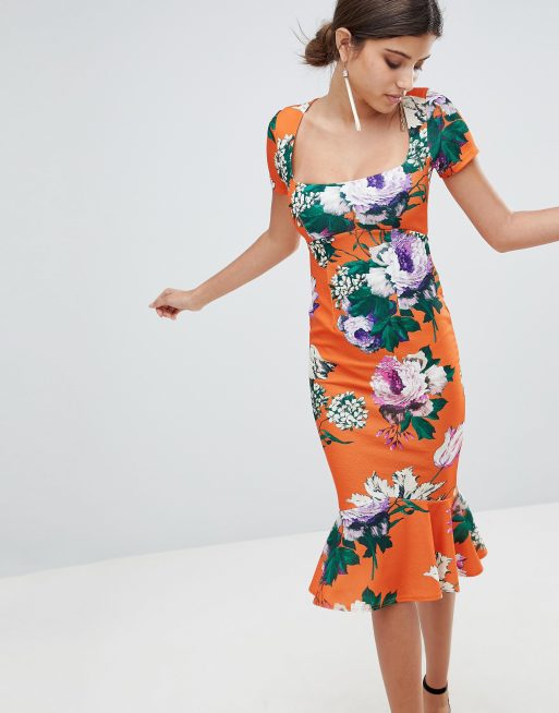 ASOS - Vestito midi attillato a fiori con scollo quadrato e peplo